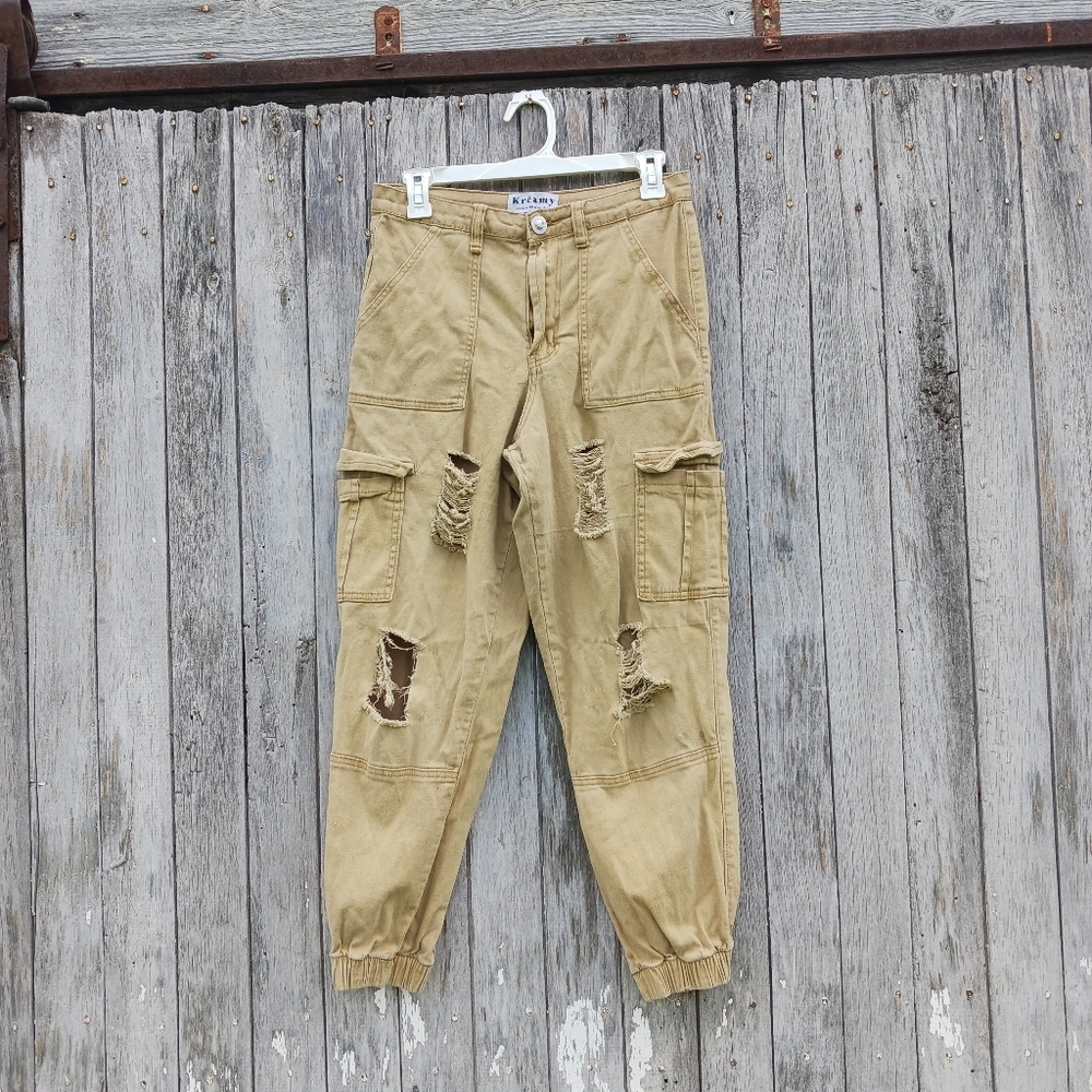 Kreamy‎ Womens Size M Highwaisted Distressed Cargo Joggers Pants Tan